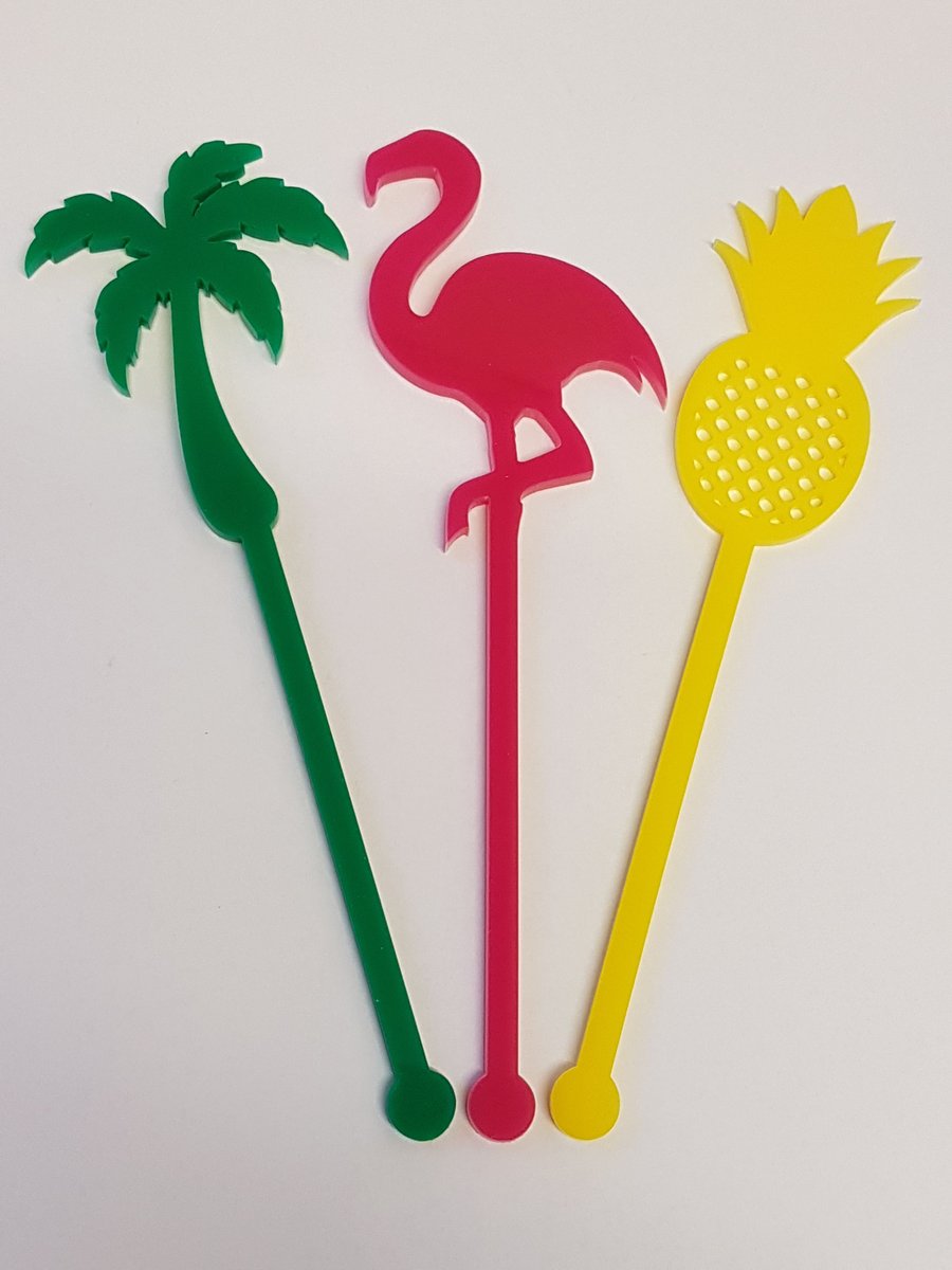 Flamingo, Palm Tree, Pineapple Cocktail Stirrer Swizzle Stick x 3 - Acrylic