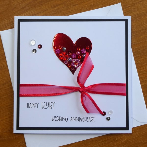 Jewelled Heart Ruby Wedding Anniversary Card - 40th Anniversary