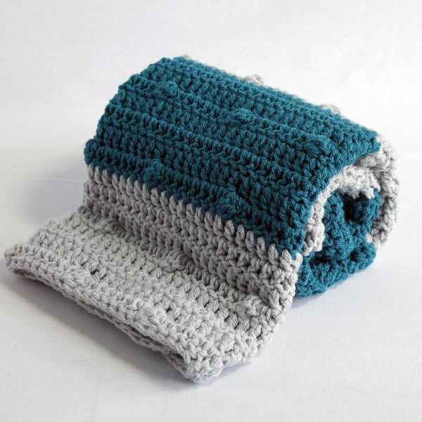 Grey Blue Stripe Baby Blanket Throw with Bobbles