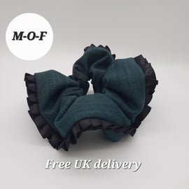  Forest Green scrunchie with black ribbon pleated edging.  