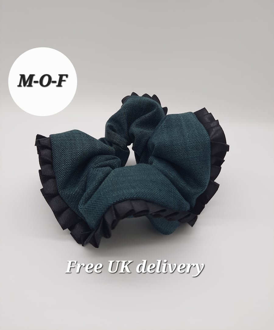  Forest Green scrunchie with black ribbon pleated edging.  