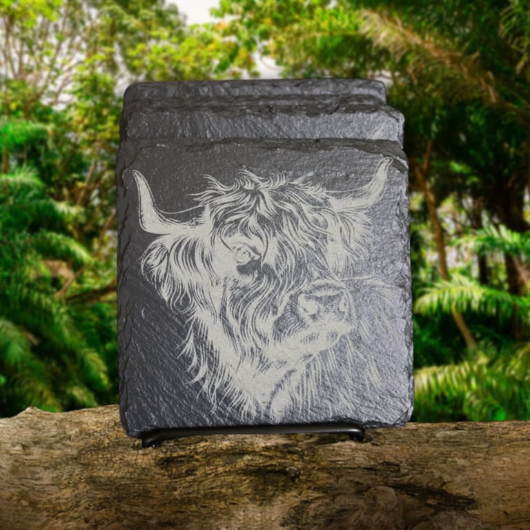 Slate coaster set of four Highland Coo