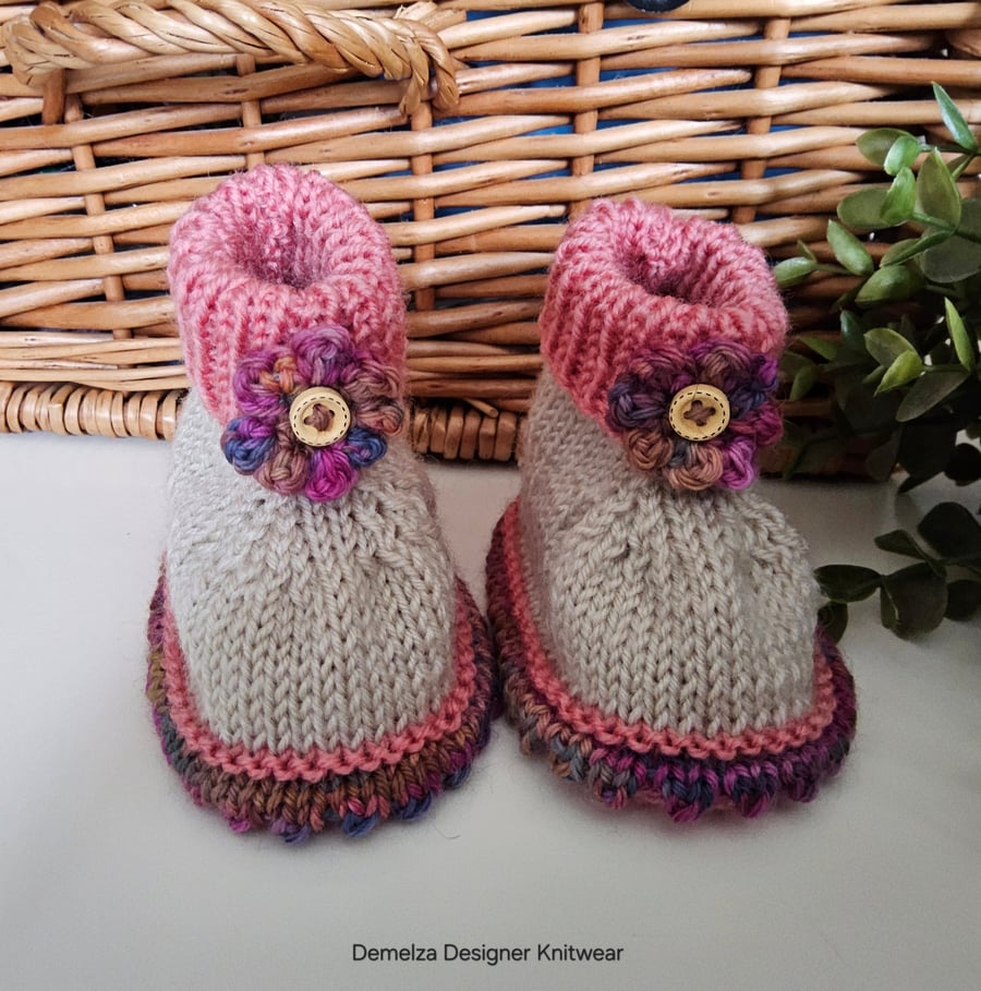Designer 90% & 75% Merino Wool Baby Girl's Flower Booties 3-9 months size