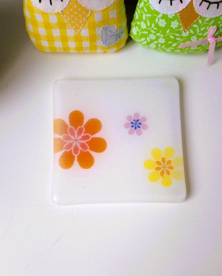 Fused Glass Orange & Yellow Floral Coaster