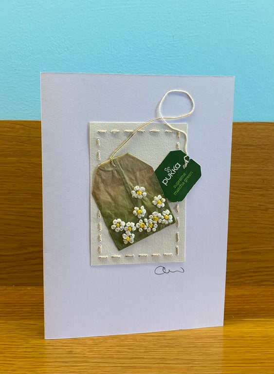 Hand Embroidered Matcha Green Teabag Card