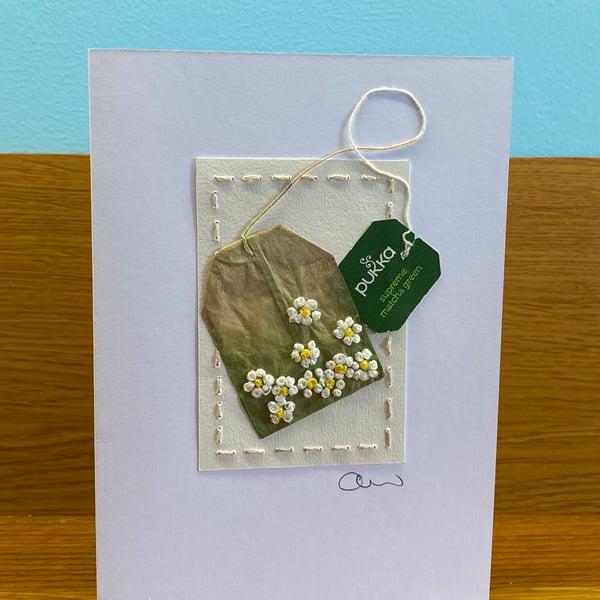 Hand Embroidered Matcha Green Teabag Card