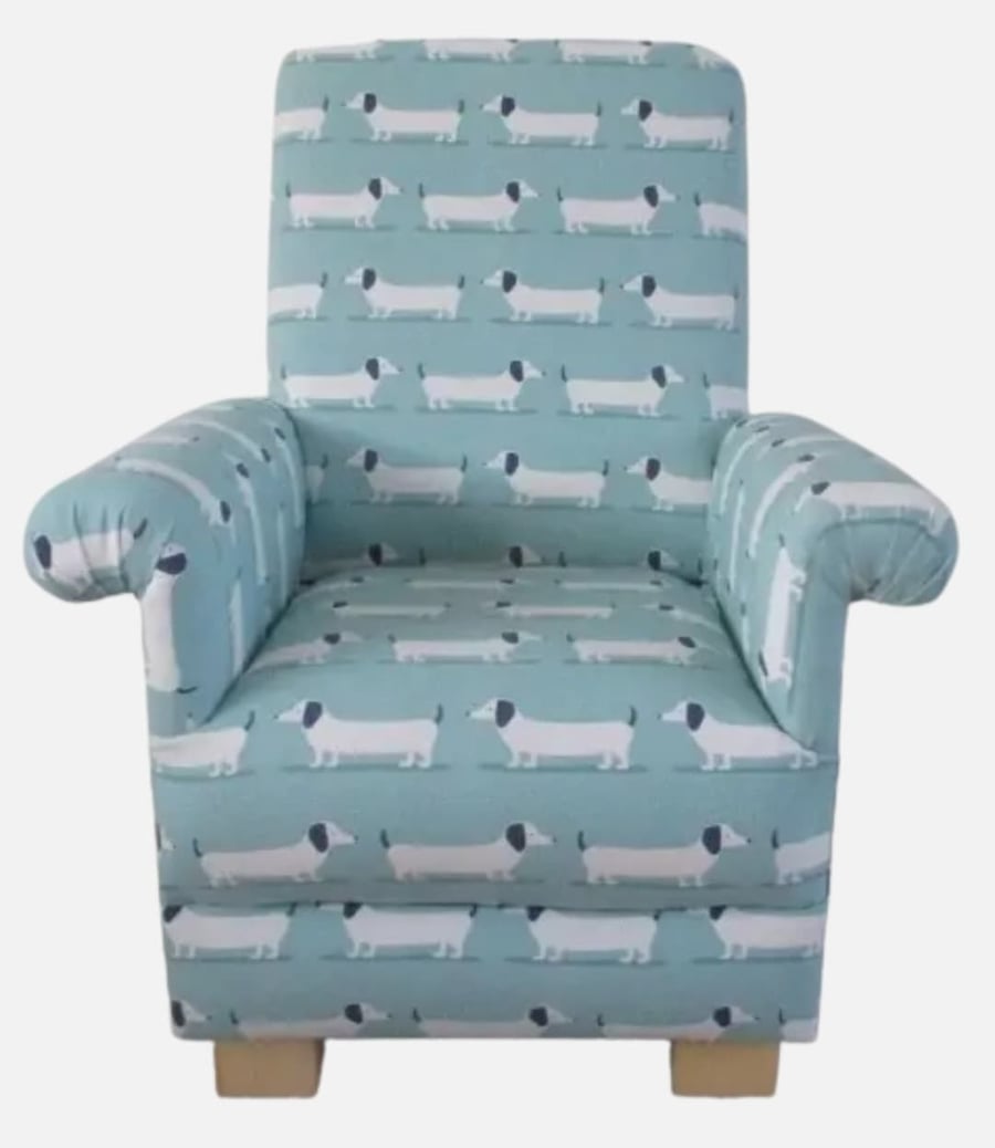 Child's Chair Fryetts Hound Dogs Fabric Duck Egg Green Dachshunds Puppies Dogs