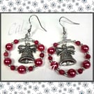 Antique Silver Bell Charm & Wine Coloured Pearl Hoop Earrings