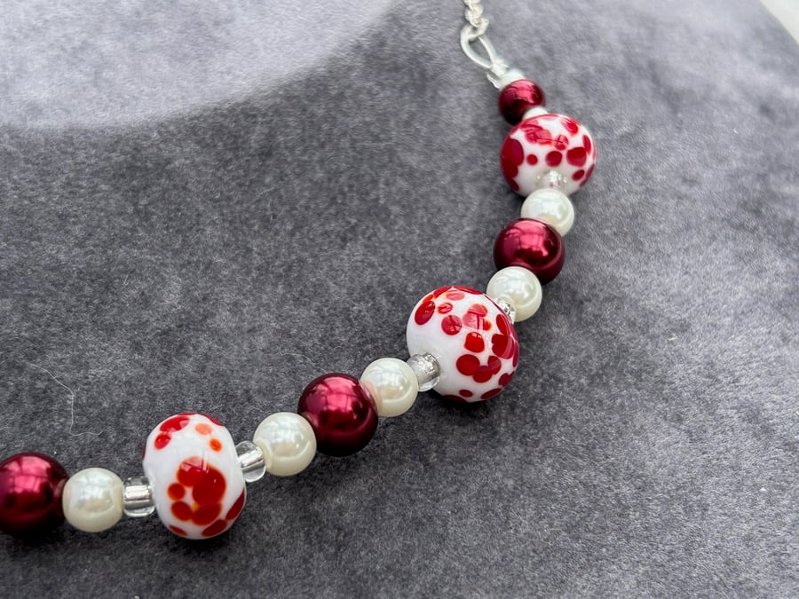 cherry red spotted on white lampwork glass beaded necklace