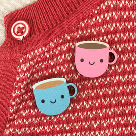 Kawaii Cup of Tea Wooden Pin or Brooch