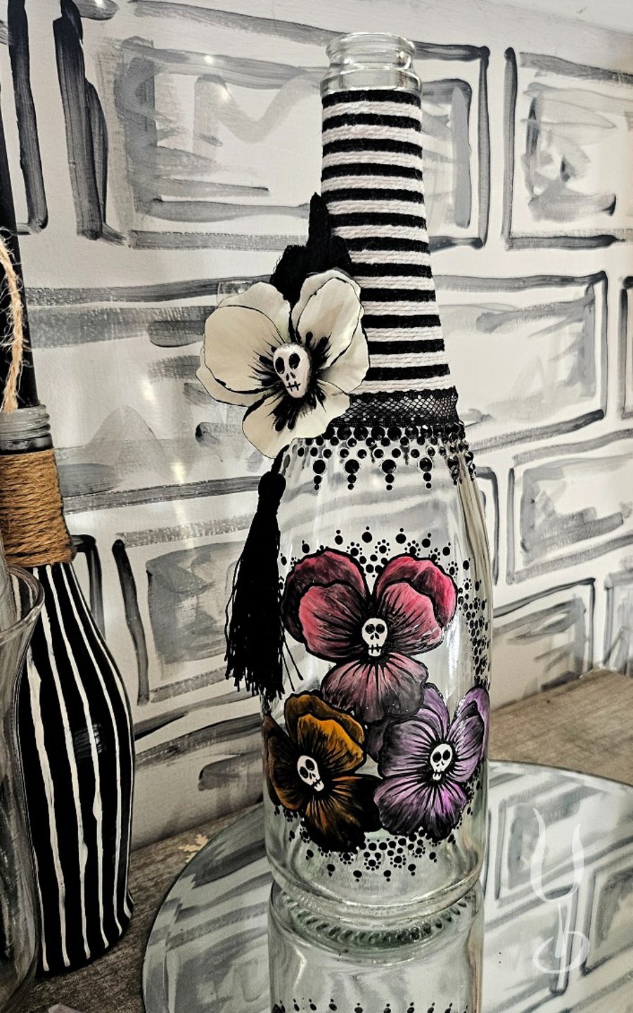 Possessed pansies (pastel)-  Decorative Upcycled Bottle 