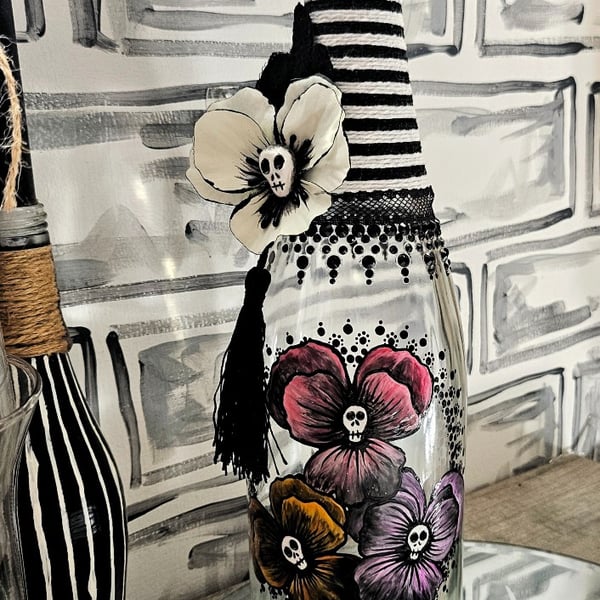 Possessed pansies (pastel)-  Decorative Upcycled Bottle 