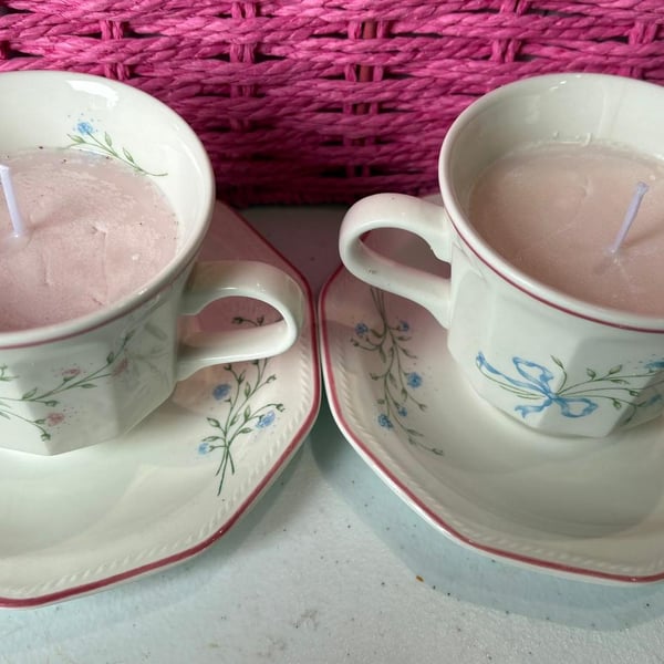 Churchill Mille Fleur Teacup Candle – Vanilla Scented Soy Wax – Upcycled Vintage