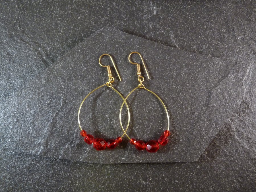 Large Hoop Earrings - Red Faceted Glass - 40mm - Gold Colour