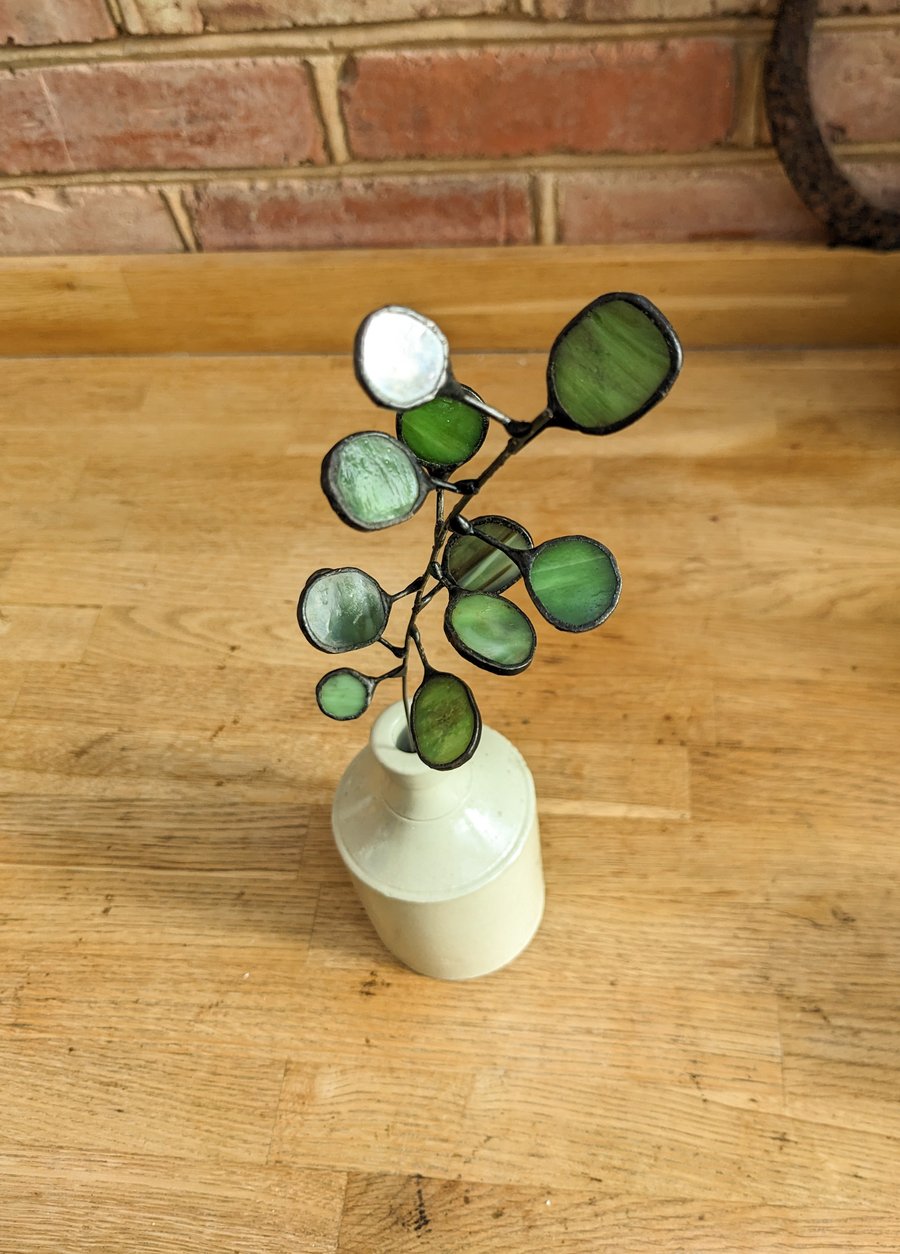 3D Stained Glass Eucalyptus Tiffany Suncatcher Sculpture, Glass Leaf Branch Stem