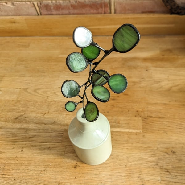 3D Stained Glass Eucalyptus Tiffany Suncatcher Sculpture, Glass Leaf Branch Stem