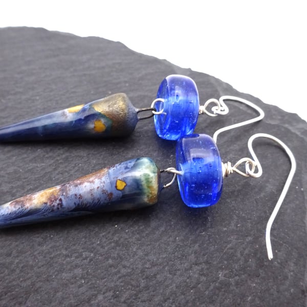blue lampwork glass and ceramic earrings