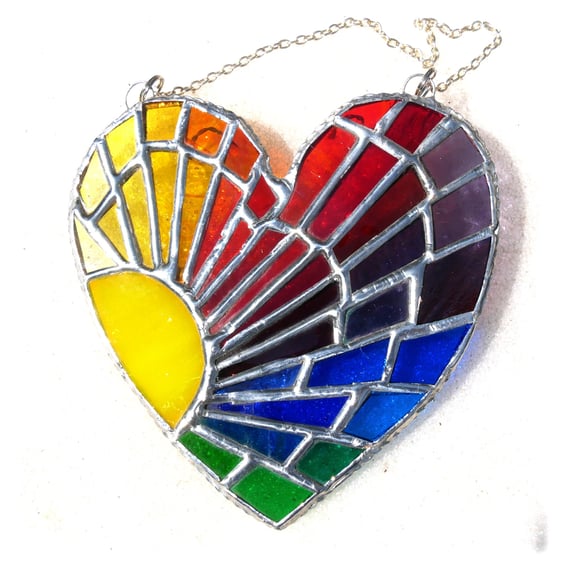 Sun Heart Suncatcher Stained Glass Rainbow Rays Handmade 009