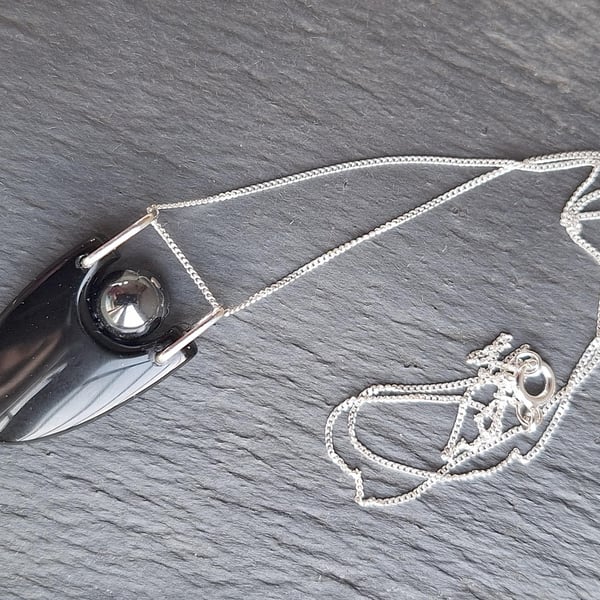 Protective obsidian and hematite pendant on silver chain. Ultimate protection.