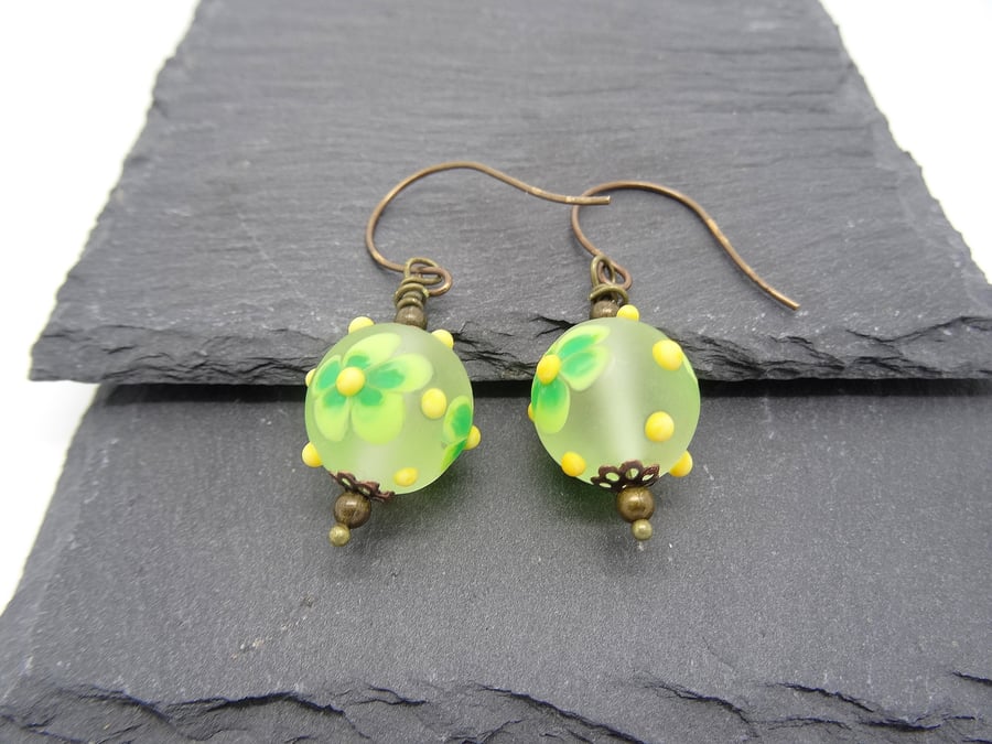 Lampwork Glass Earrings, Flower Earrings, Lemon and Lime Earrings, glass earring