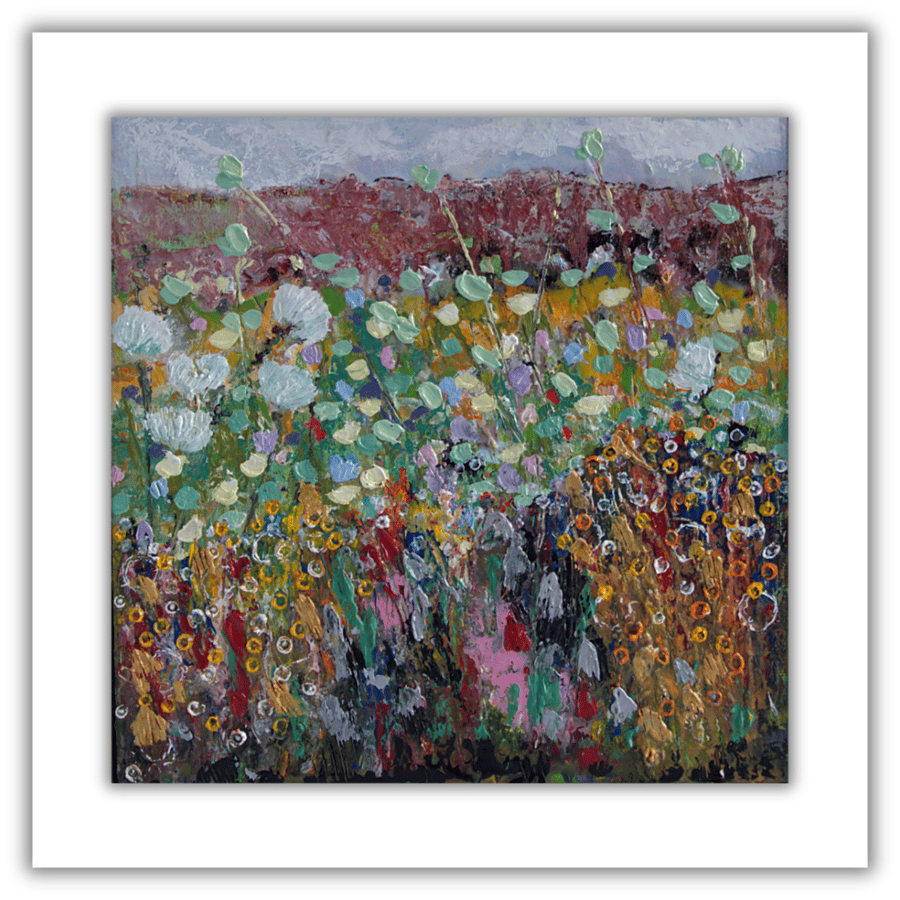 Framed Scottish landscape - encaustic painting - oils - wildflowers
