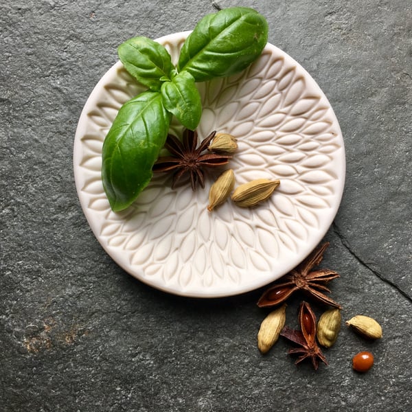 Porcelain bowl, dipping, olive,white, patterned unglazed The Porcelain Menagerie