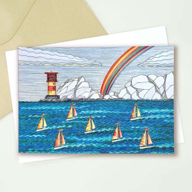 Rainbow over The Needles, Isle of Wight Art Print Greetings Card