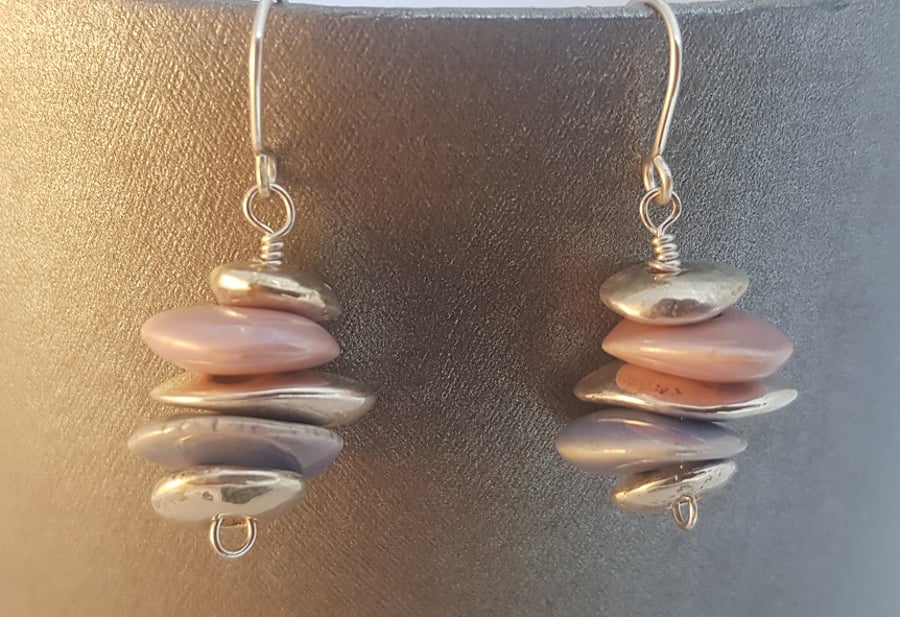 Silvered ceramic 'pebble' earrings, on hand made silver ear wires.