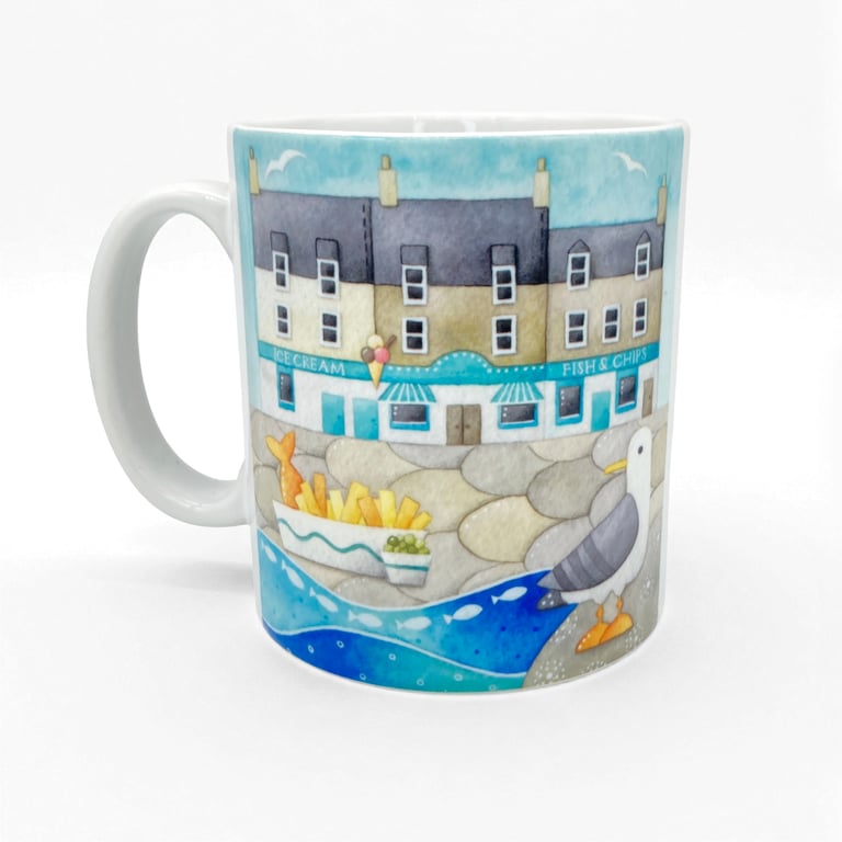 Seagull Mug - Fish and Chips Watercolour - Nautical Coastal Kitchen Decor