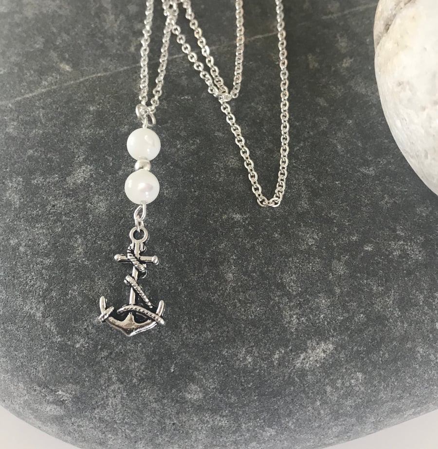 Handmade mother of pearl and anchor charm necklace 
