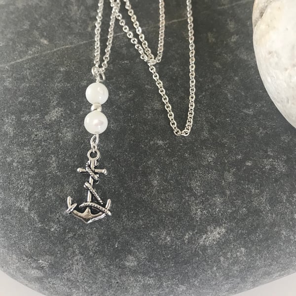Handmade mother of pearl and anchor charm necklace 