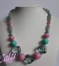 Retro Style Pink & Turquoise Reclaimed Beaded Necklace (Peppermint Candy) - Image 1