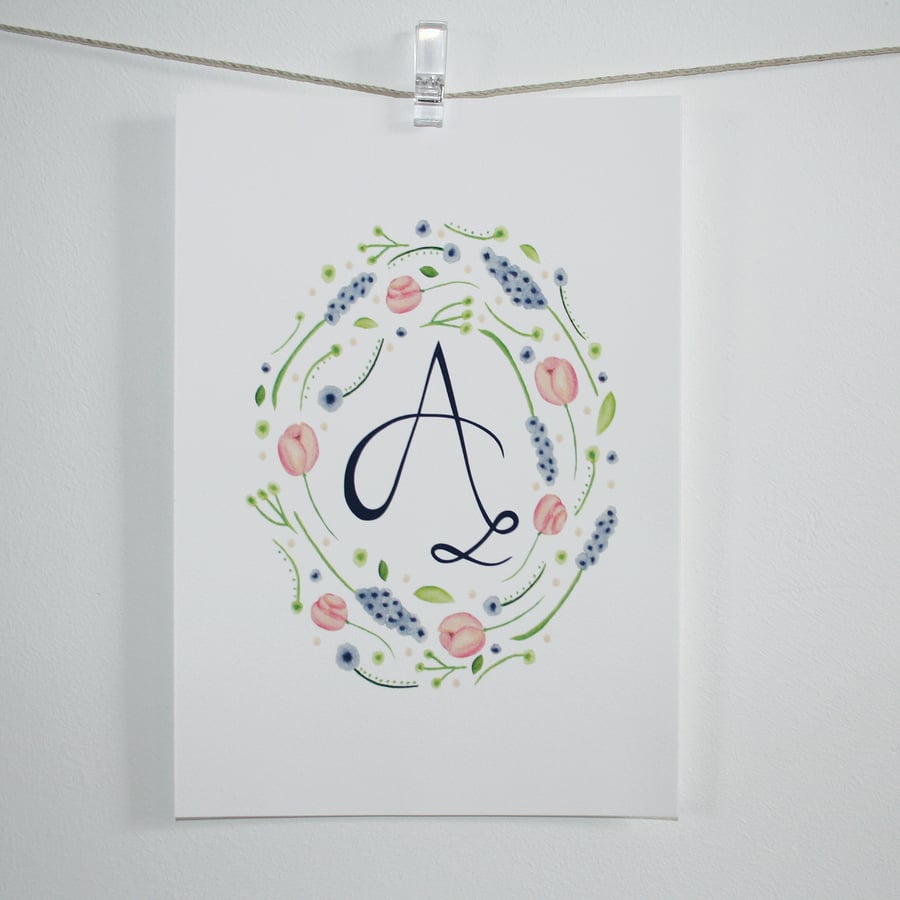 Hand lettered monogram watercolour floral frame print- A5 size