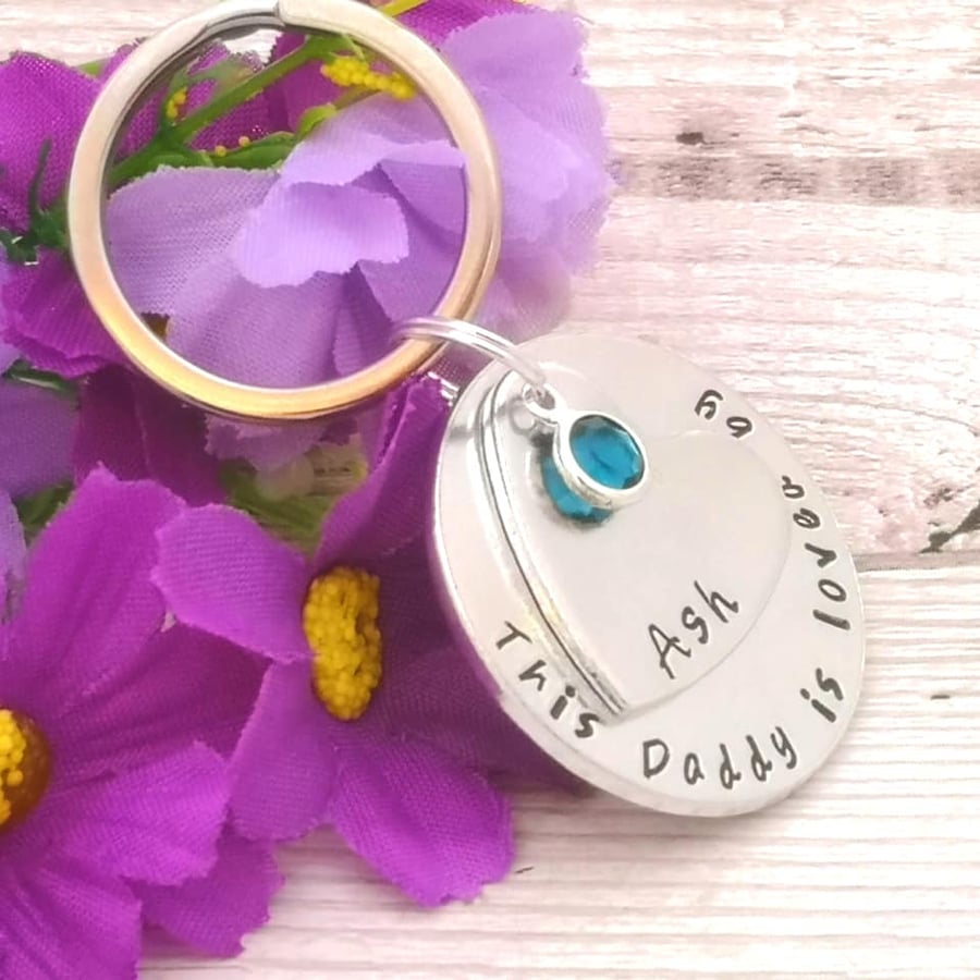 Personalised Daddy Gift - Dad Keyring With Birthstone Crystal - Daddy Belongs To
