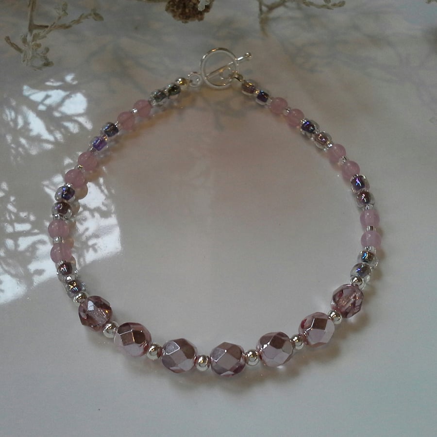  Pink Dainty Skinny Faceted Bracelet Silver Plated (Help a Charity)