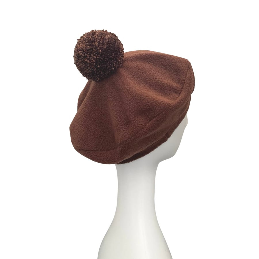 Brown Fleece Beret with Wool Pompom Warm Winter Ladies Hat Retro Style Beret Hat
