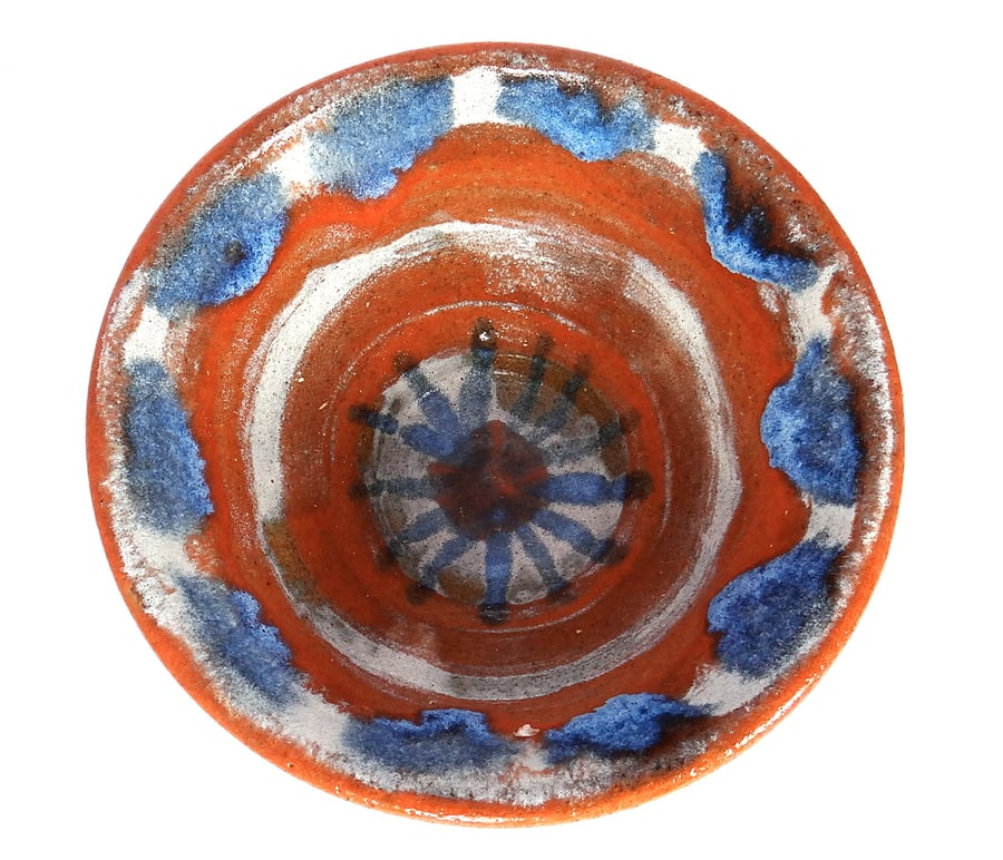Rustic ceramic bowl in shades of orange, blue & white - handmade pottery