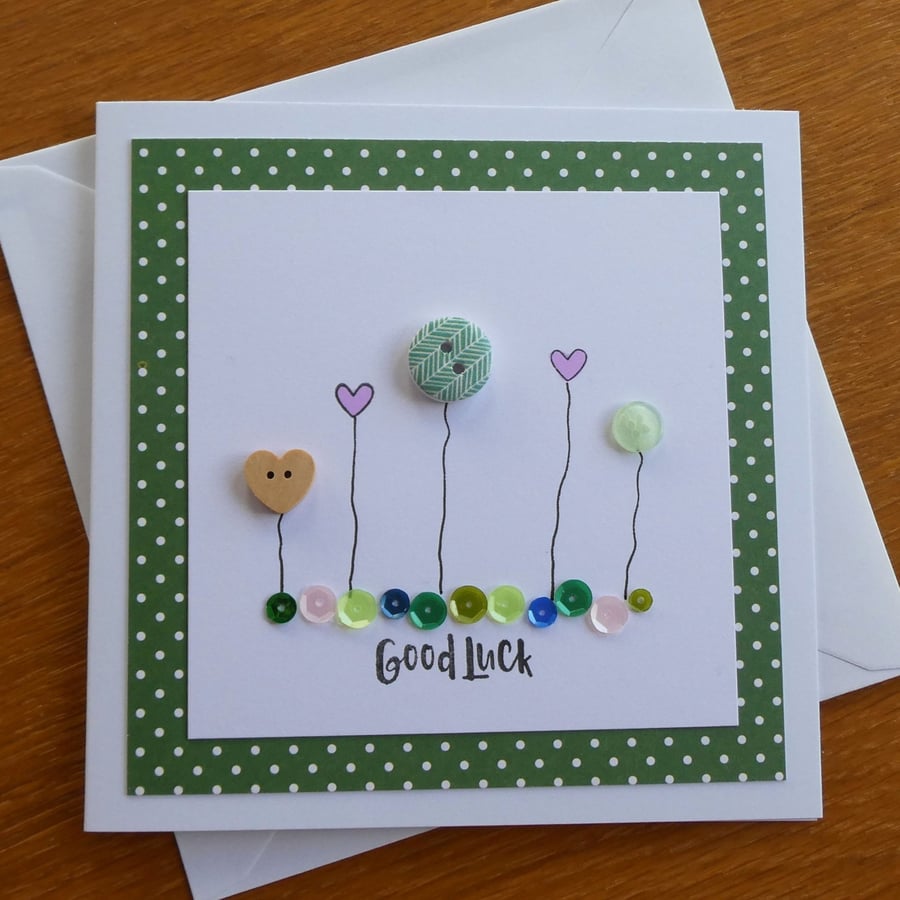 Good Luck Card - Buttons, Hearts and Sequins - Green