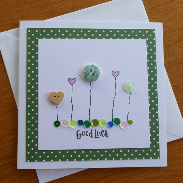 Good Luck Card - Buttons, Hearts and Sequins - Green
