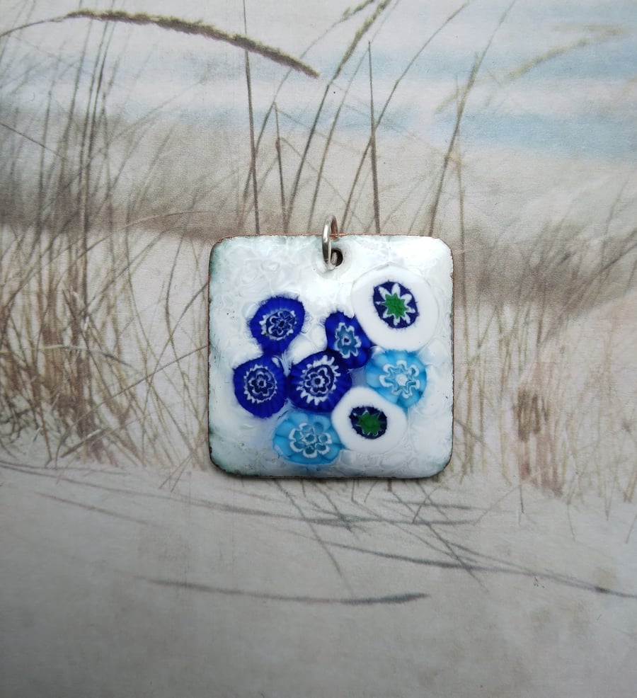 Square blue and white millefiori pendant in enamelled copper 203