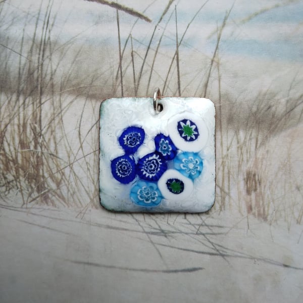 Square blue and white millefiori pendant in enamelled copper 203