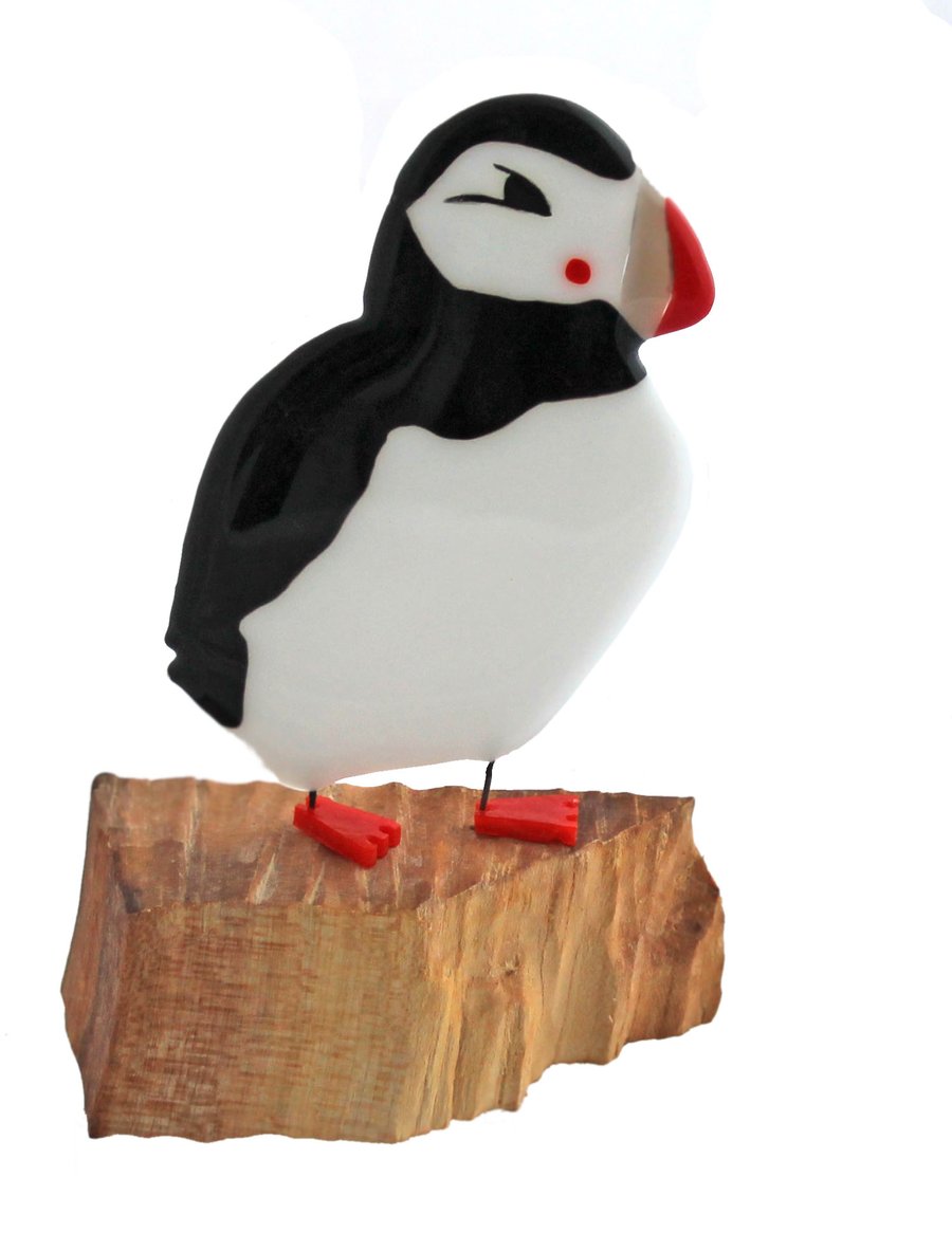 Large fused glass puffin