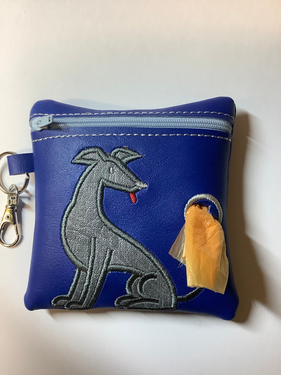 Embroidered Greyhound Blue faux leather dog poo bag ,dog walking,