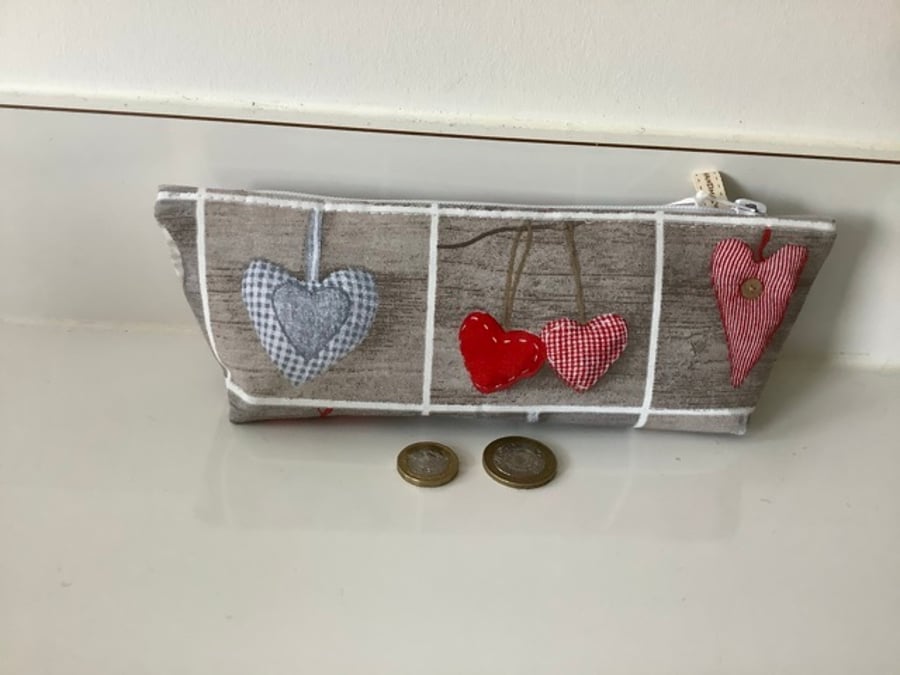 Beige with white check and Hearts pencil case, Cotton Bag  ,Zip pouch