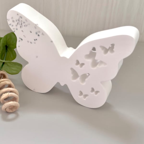Large white Freestanding Butterfly Ornament with Turquoise Glass chips