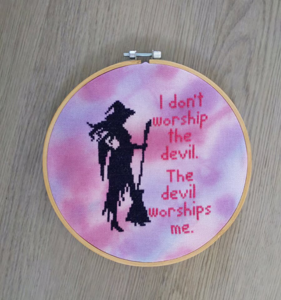 I don't worship the devil, witch cross stitch hoop.