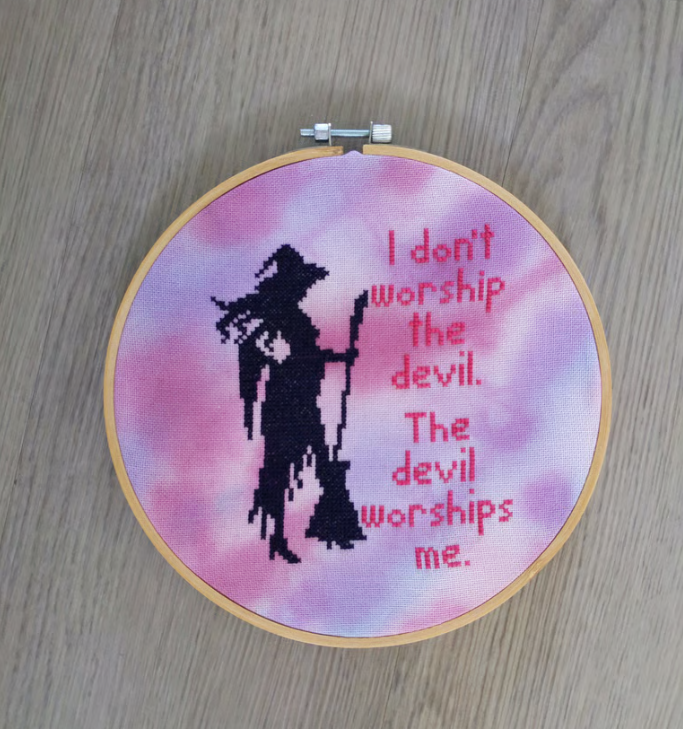 I don't worship the devil, witch cross stitch hoop.