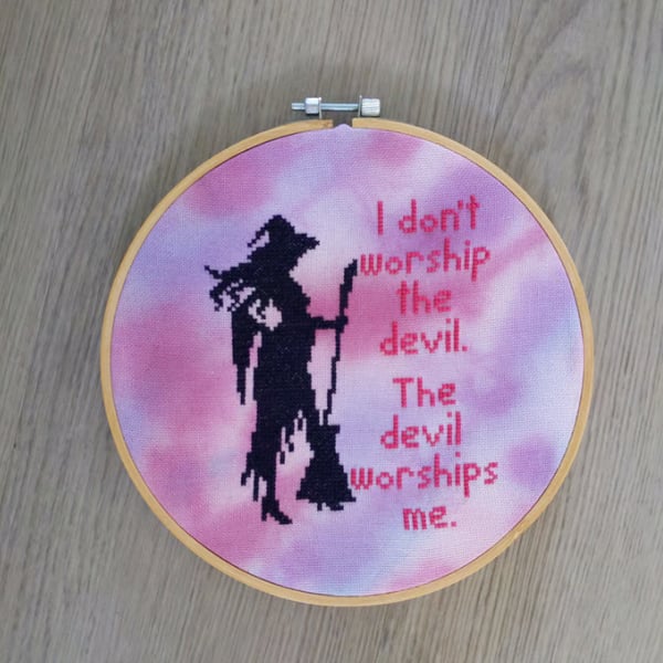 I don't worship the devil, witch cross stitch hoop.