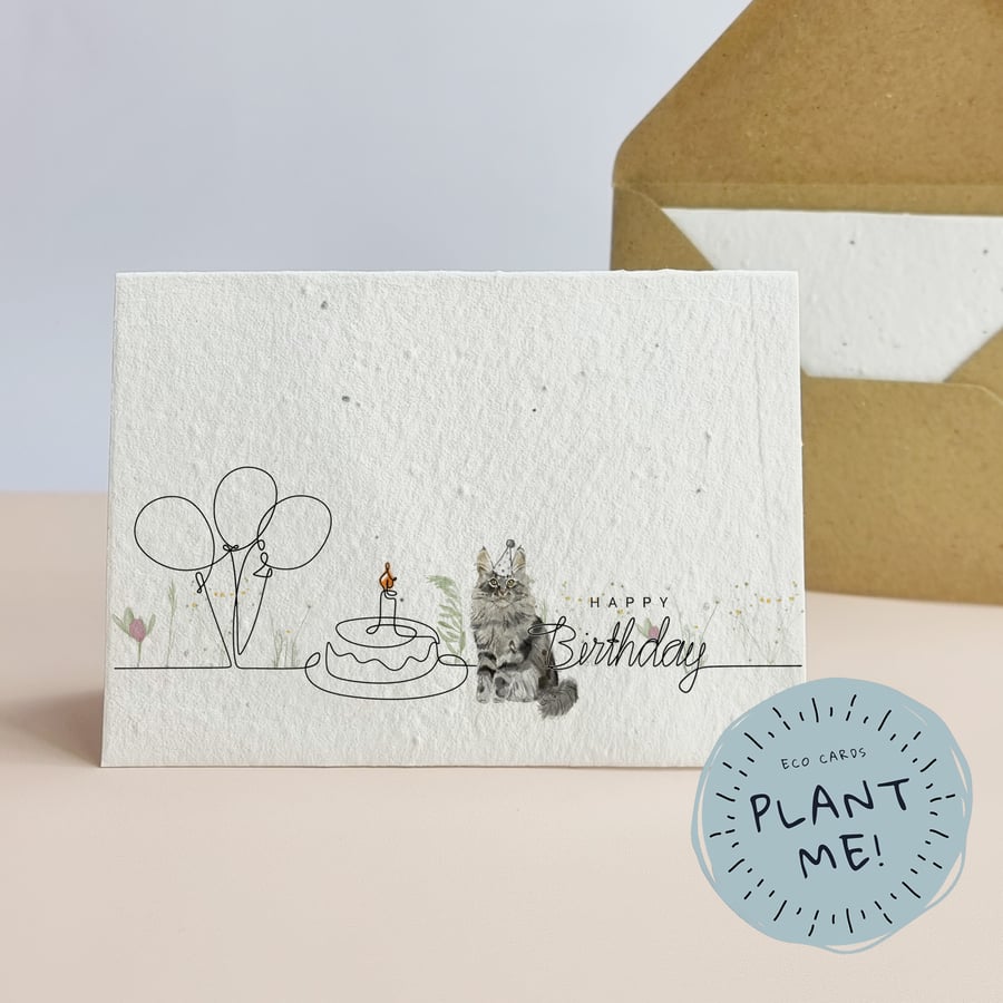 Maine Coon Cat Birthday Card - A6 Wildflowers  Plantable Seeds