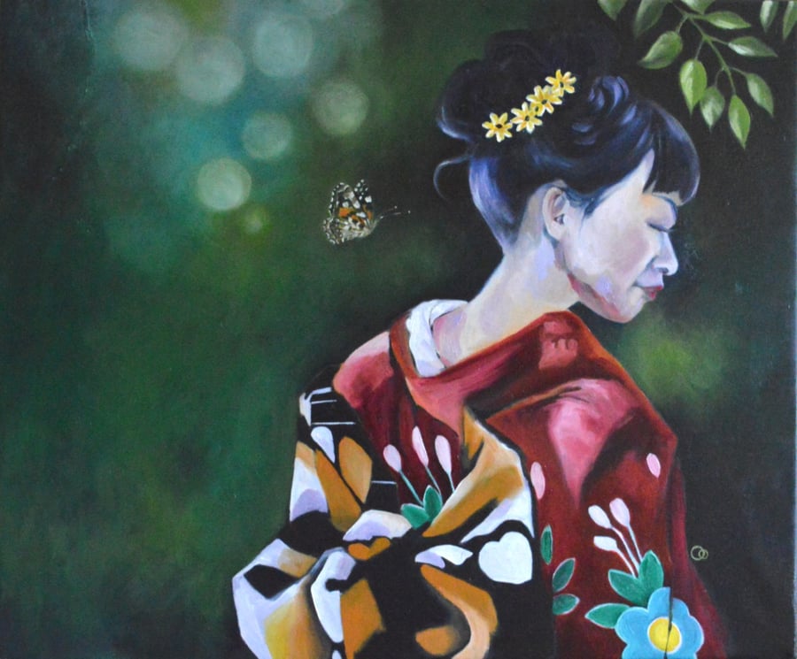 "Butterfly" Original Oil Painting Geisha Japanese Nature Art